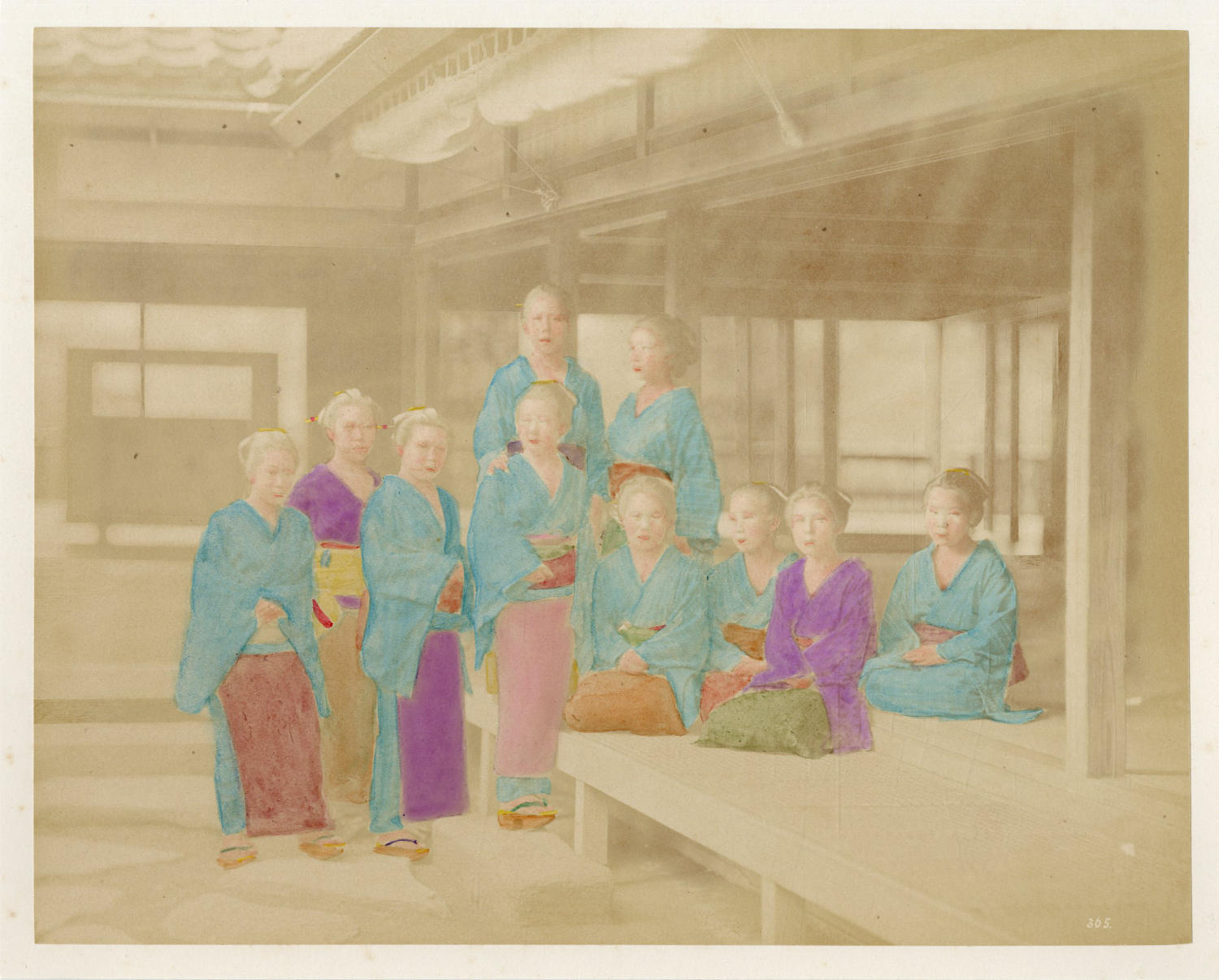 Japon, Geisha Vintage Albumen Print Tirage albuminé aquarellé